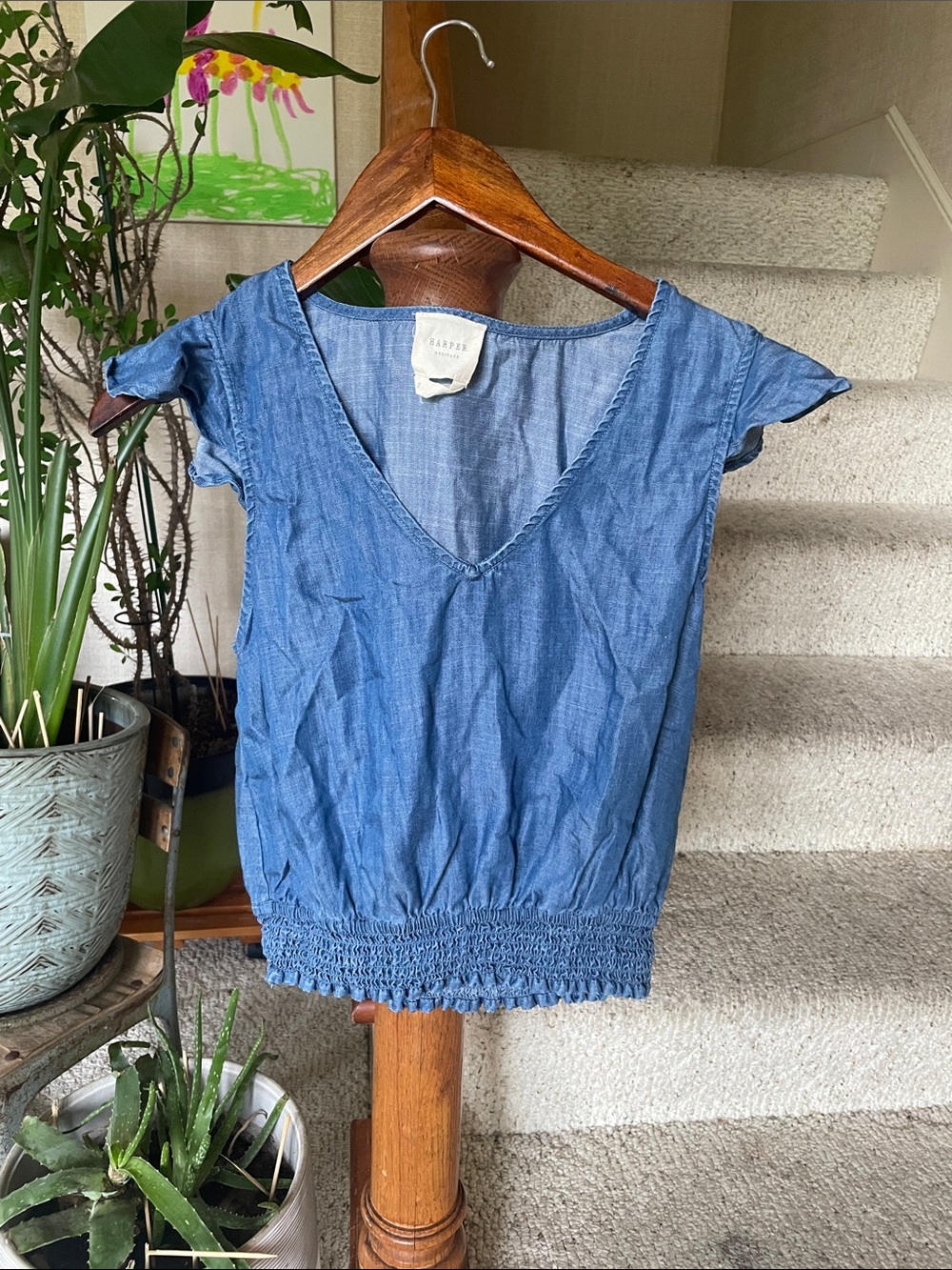 Harper Heritage Blue Chambray V-Neck Smocked-Hem Blouse